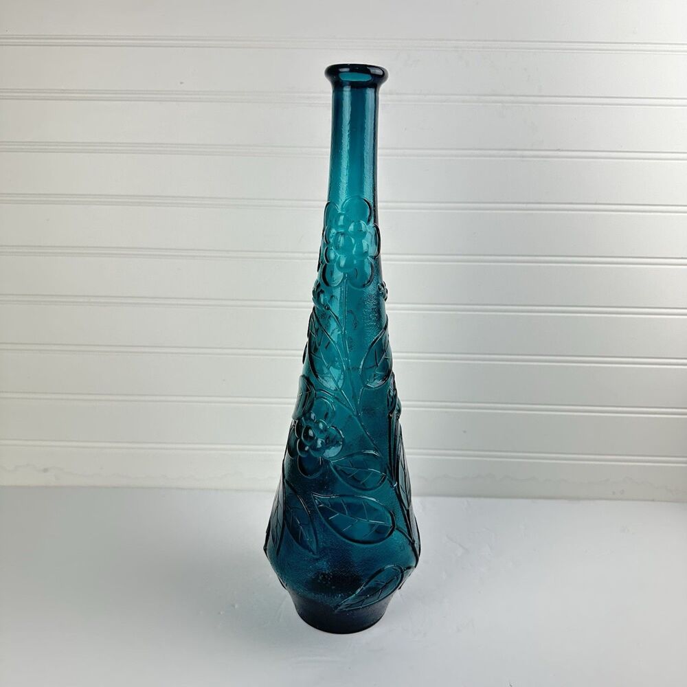VTG Italy Empoli Genie Bottle Decanter Teal Blue Floral Butterfly NO STOPPER